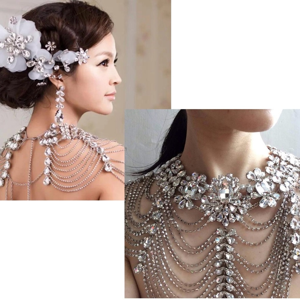 Bridal Luxury Wedding Body Jewelry Crystal Rhinestone Necklace Chains Statement - Picture 12 of 14